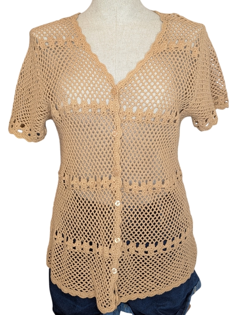 LINDOR Crochet Knit Cardigan Beige Boho Beachy Cotton Open Knit